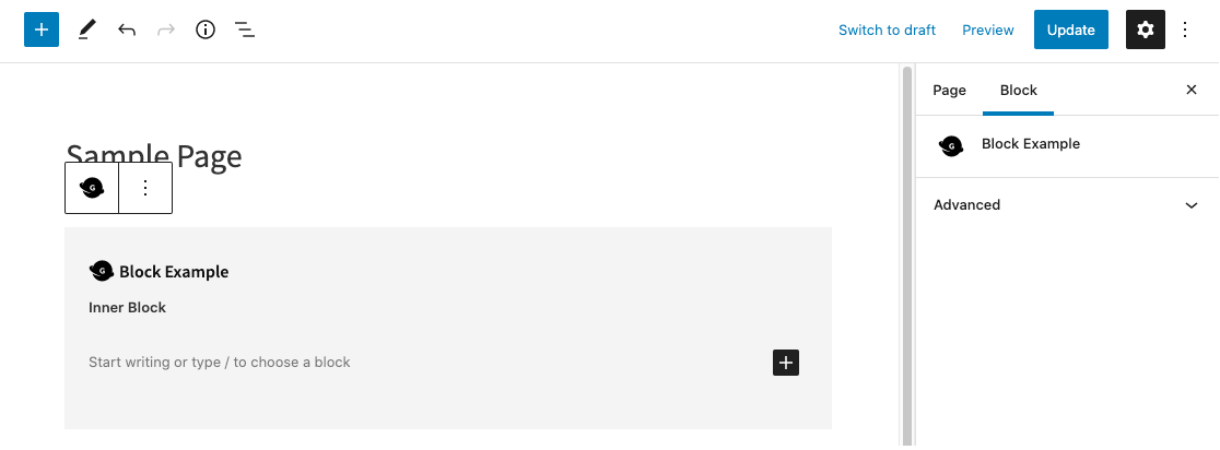 Screenshot of the Inner Block field in the page editor