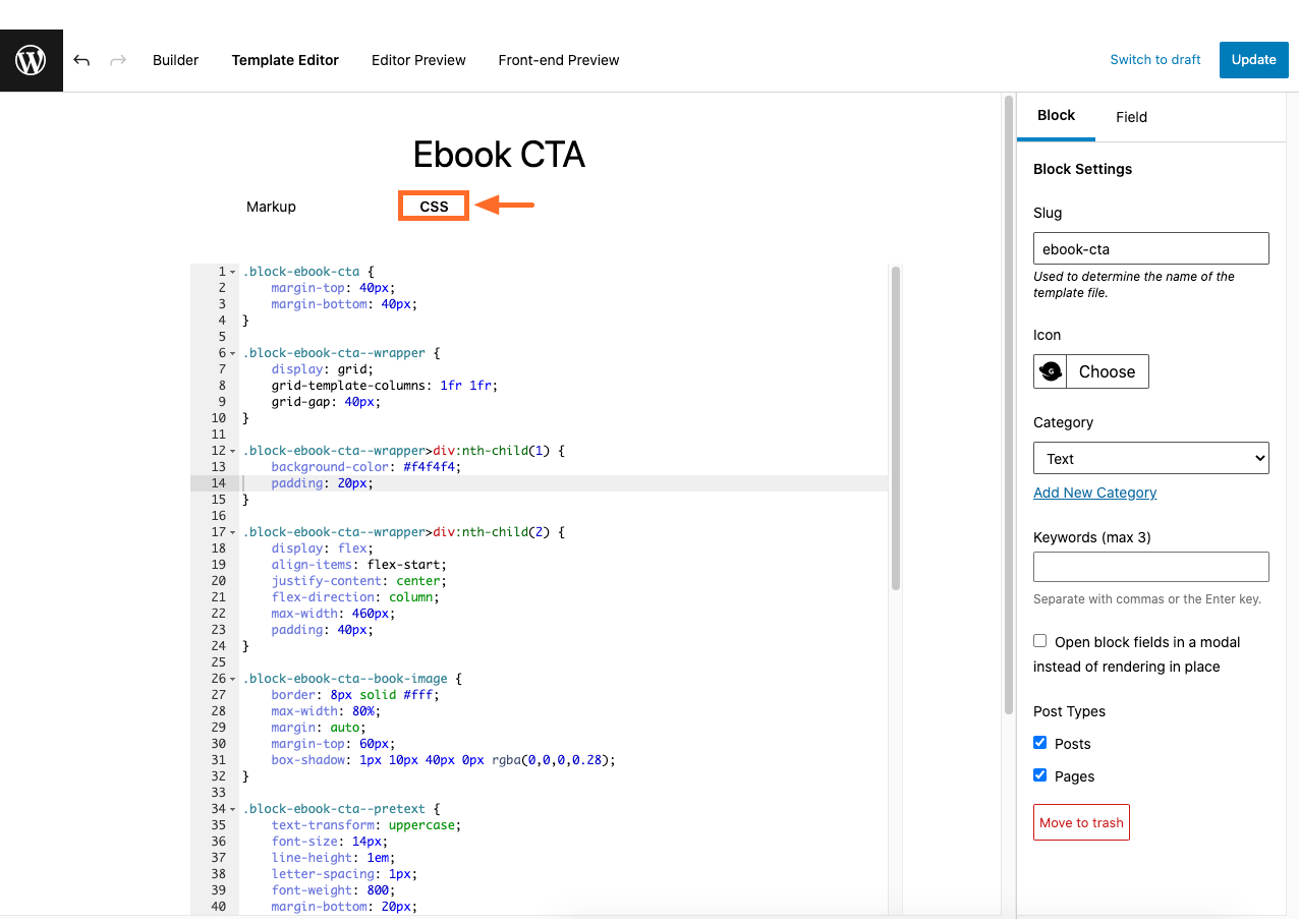 Screenshot of CSS in the template editor