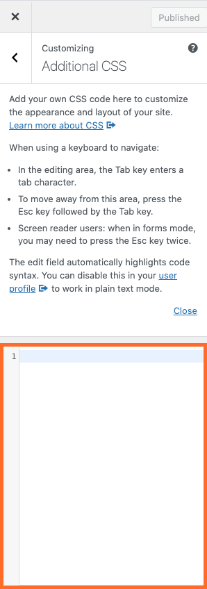 Screenshot of Additional CSS panel in the WordPress Customizer