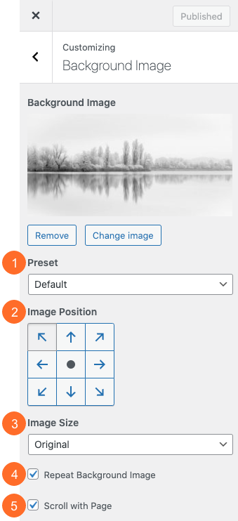 Screenshot of Background panel in the WordPress Customizer