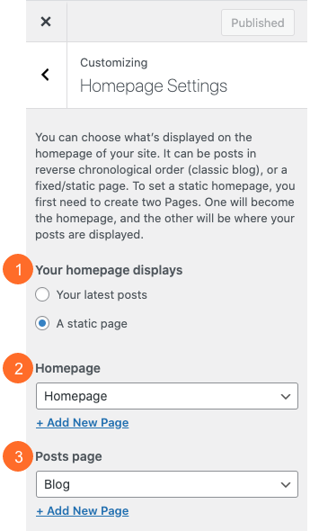 Screenshot of Homepage Settings in the WordPress Customizer