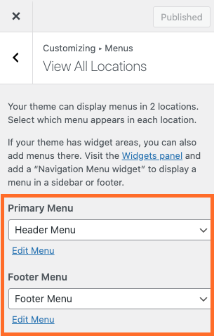 Screenshot of the Menus panel in the WordPress Customizer