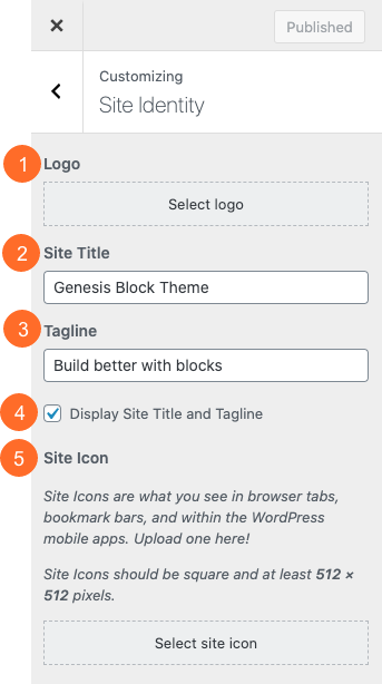 Screenshot of Site Identity panel in the WordPress Customizer