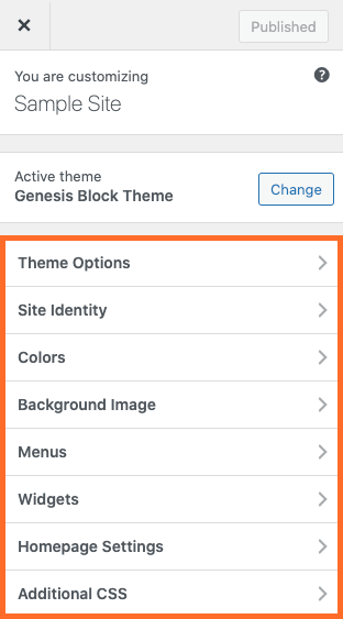 Screenshot of WordPress Customizer settings