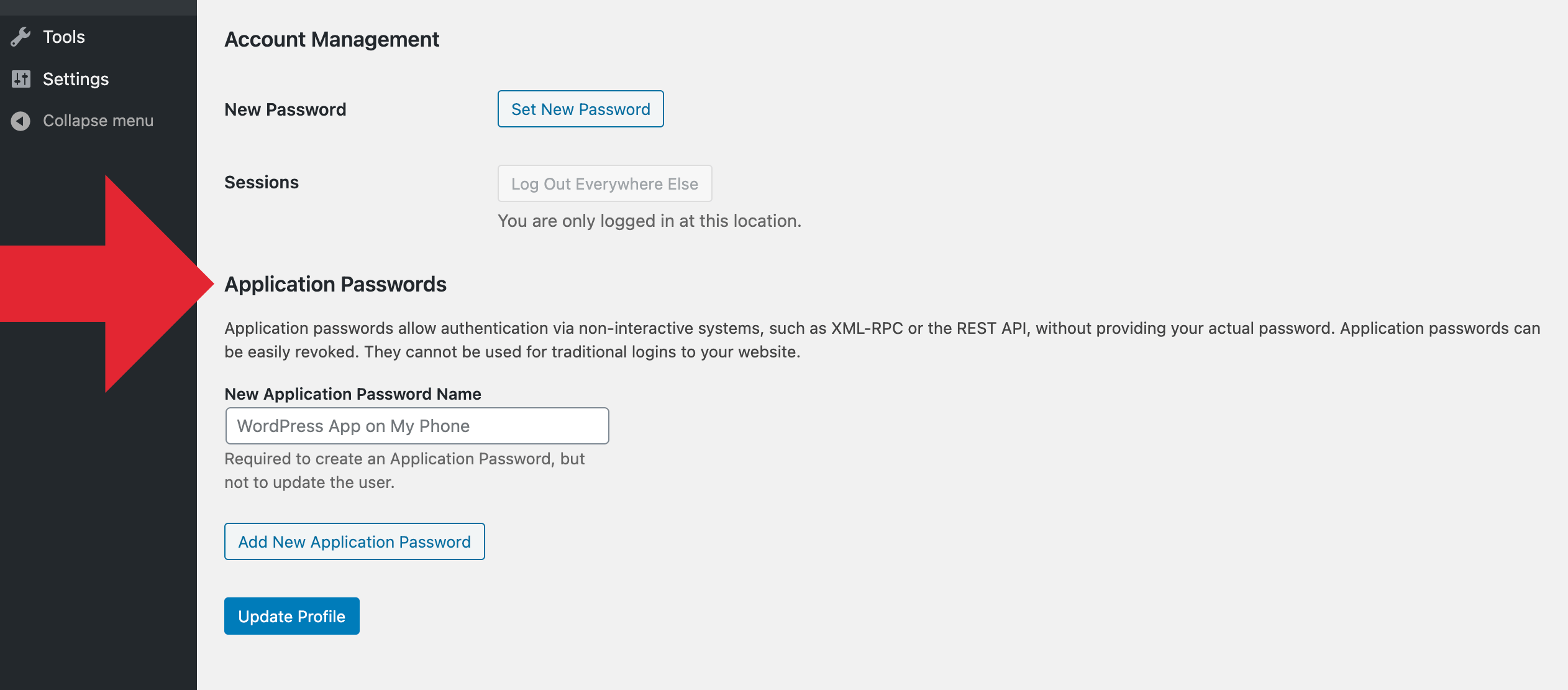 Application Passwords Settings