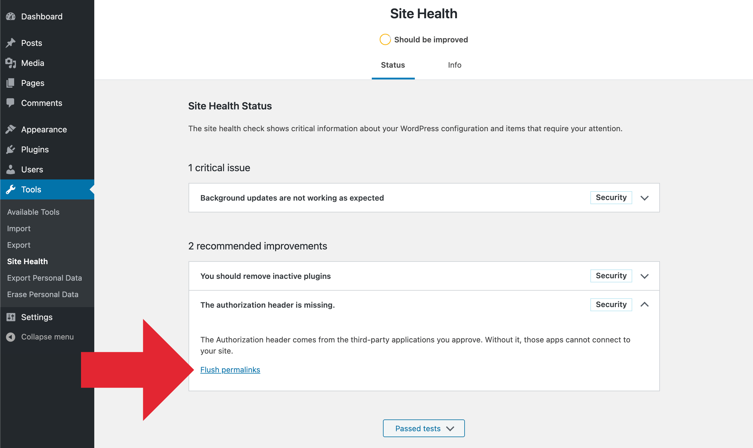 Authorization Header Missing: Flush Permalinks