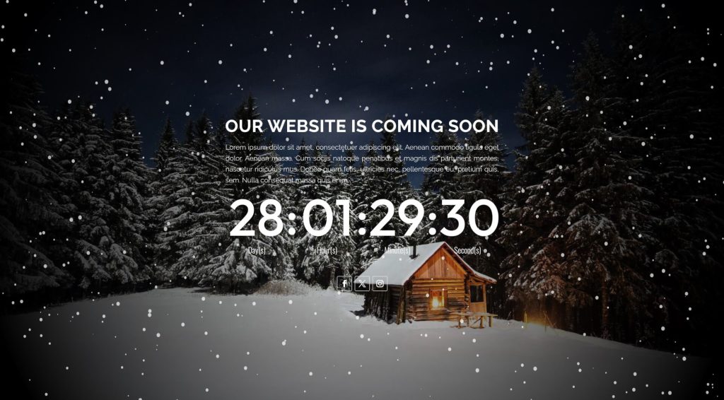Divi Layouts coming soon winter cabin snow