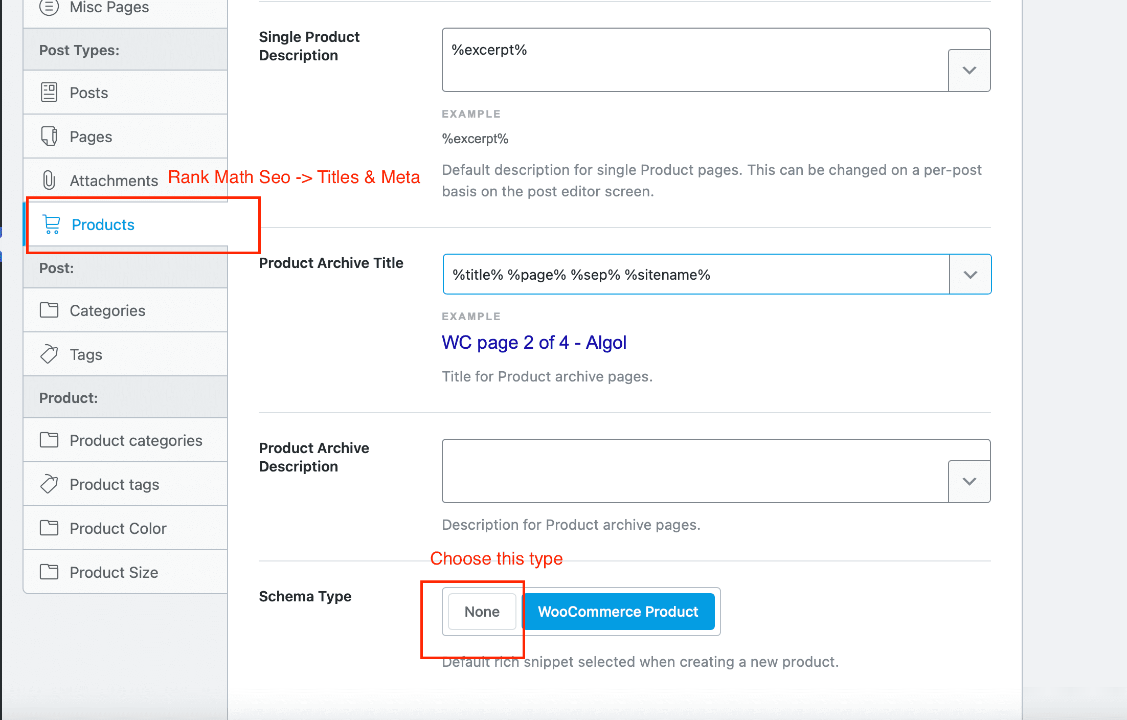 Rank Math SEO > Titles & Meta > Schema type, chosen "None"value