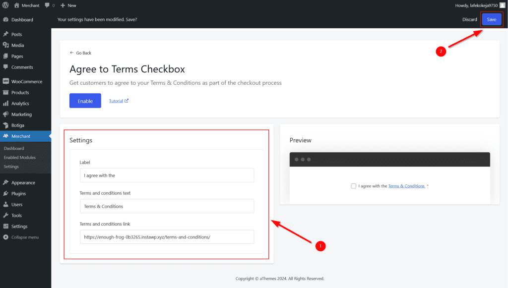 Settings of the Agree to Terms Checkbox module