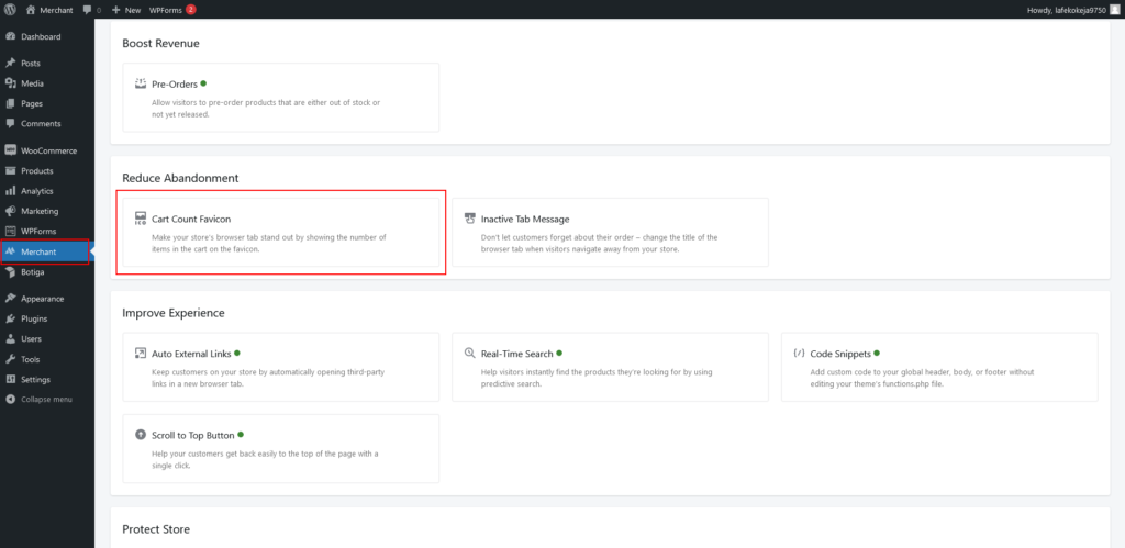 Location of the Cart Count Favicon module on the Merchant dashboard; annotated screenshot of the WordPress admin area