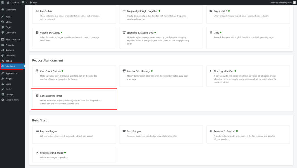 Location of the Cart Reserved Timer module on the Merchant dashboard, annotated screenshot of the WordPress admin area