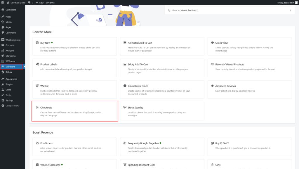 Location of the Checkouts module on the Merchant dashboard, annotated screenshot
