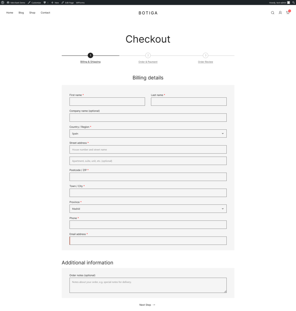 Screenshot of the multi step checkout style