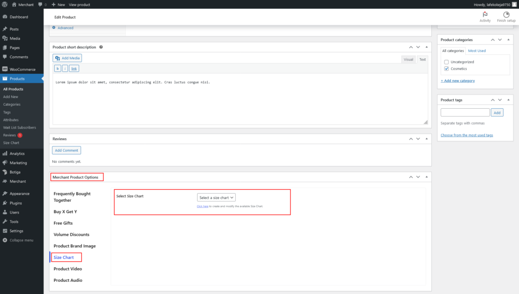 Location of the 'Select Size Chart' option on a WooCommerce product page, annotated screenshot