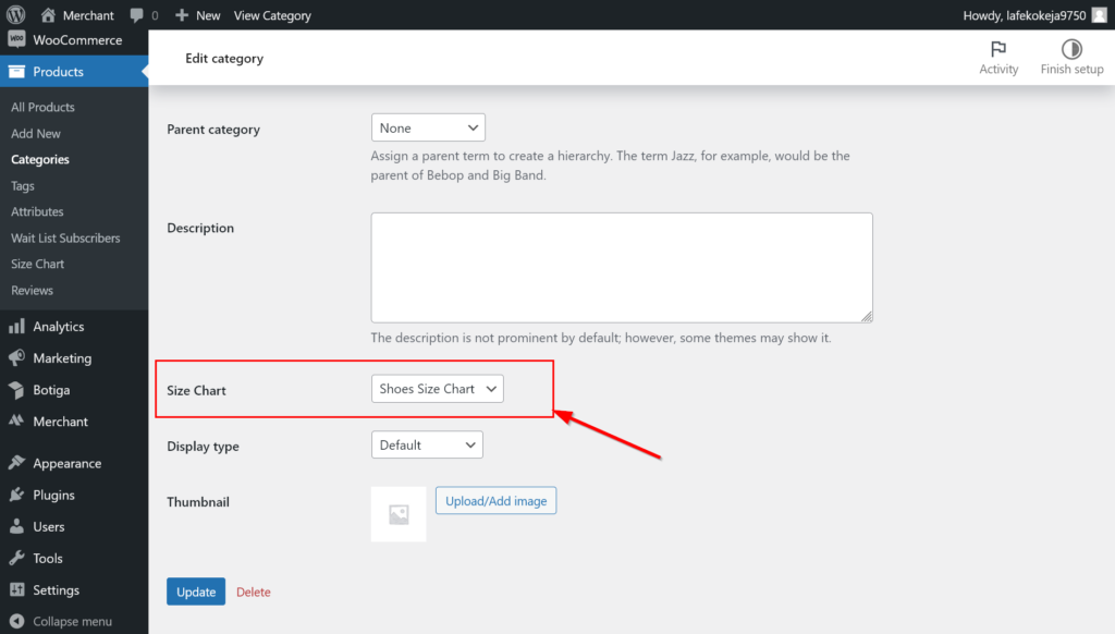 Location of the 'Select Size Chart' option on a WooCommerce product category page, annotated screenshot