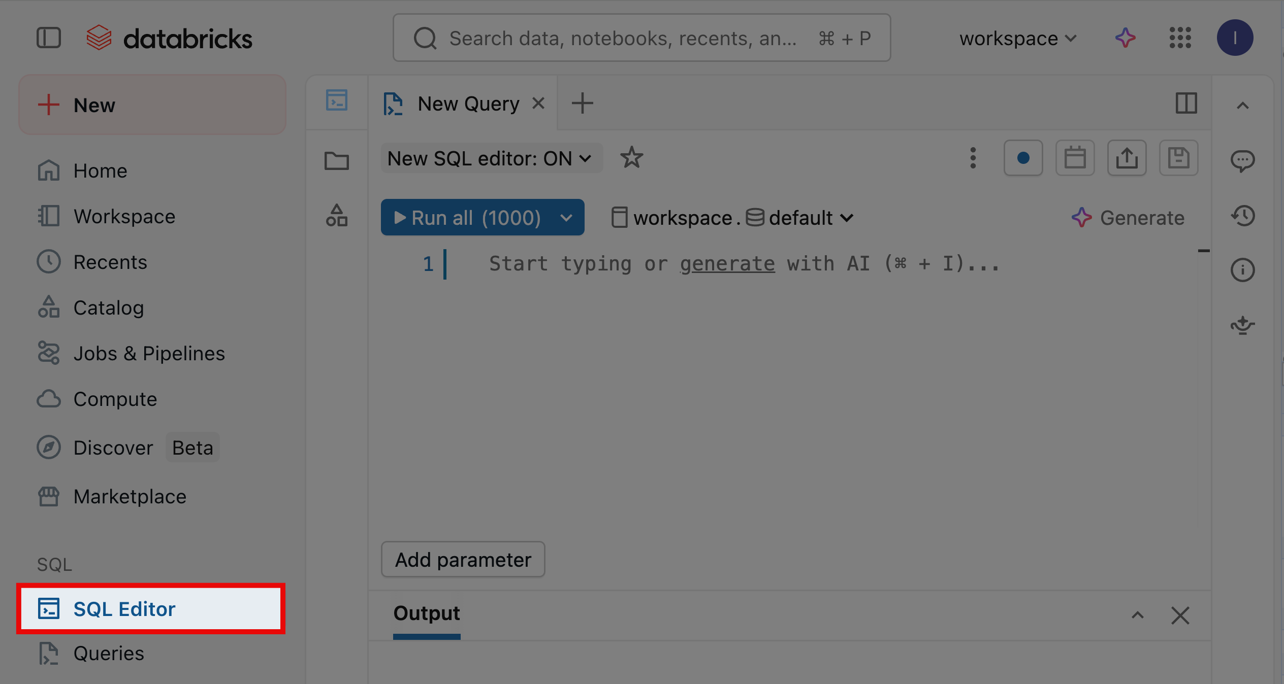 The Databricks Workspace with SQL Editor highlighted in the left navigation under the SQL section, Queries listed below it, a New Query tab open with the New SQL editor: ON toggle at the top, an empty query editor, and a Run all (1000) button with a dropdown arrow.