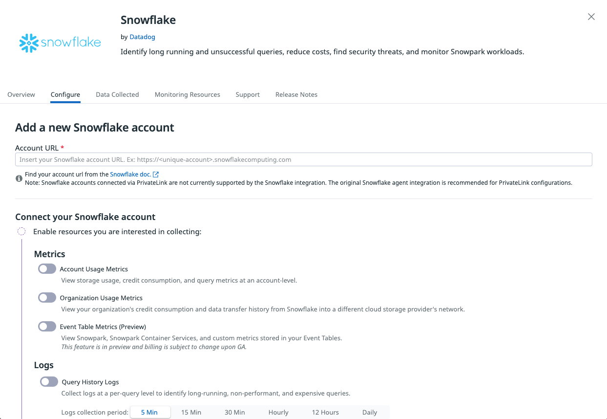 The Snowflake integration tile in Datadog showing the Configure tab with the Add a new Snowflake account form, including an Account URL field and resource toggles for Metrics and Logs.