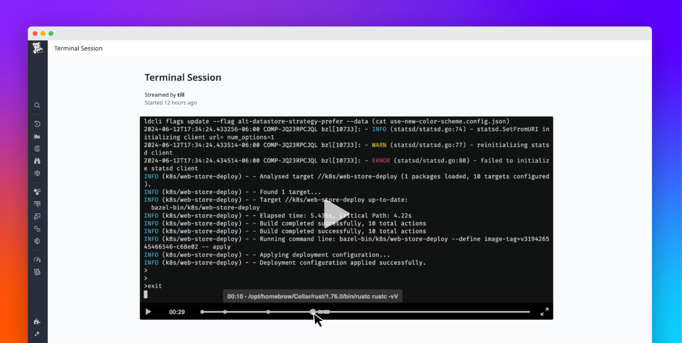In Datadog, a page titled Terminal Session. An embedded video showing a terminal session. A scrubber bar controls video playback.