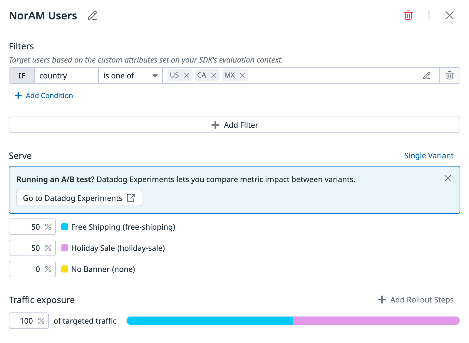 Targeting rule with percentages split across multiple variants.