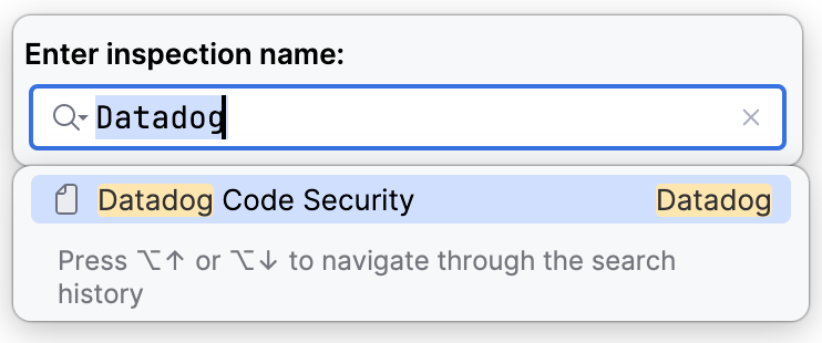 The JetBrains Run Inspection By Name dialog with Datadog Code Security selected from the inspection list.