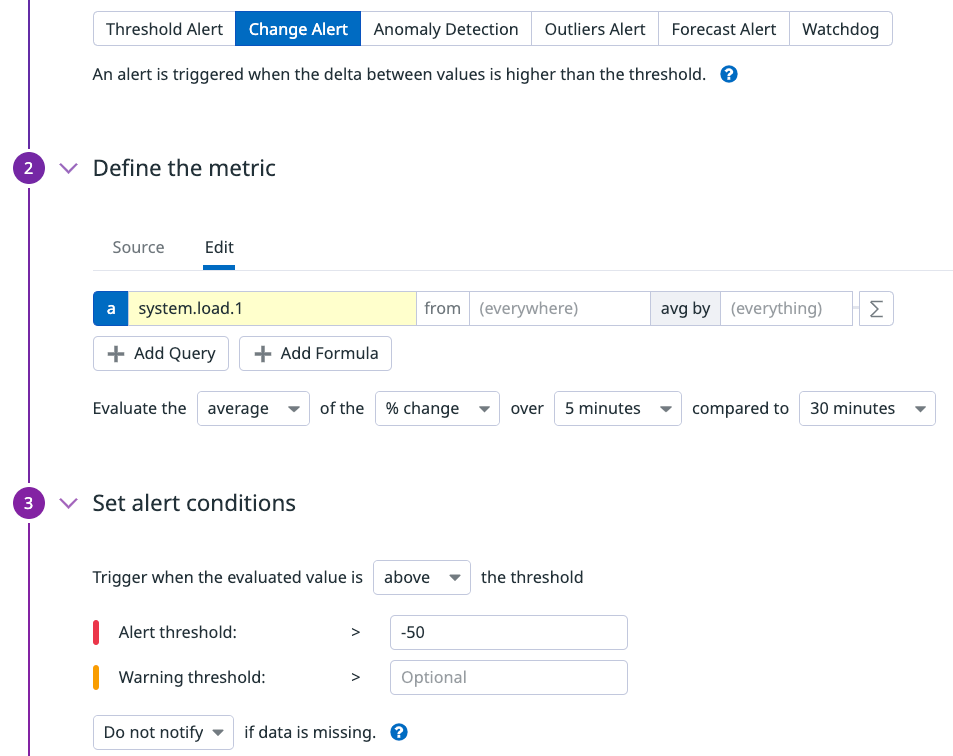 The create monitor page with a change alert selected, evaluating the percent change of the average of the metric system.load.1 over the last 5 minutes compared to the last 30 minutes