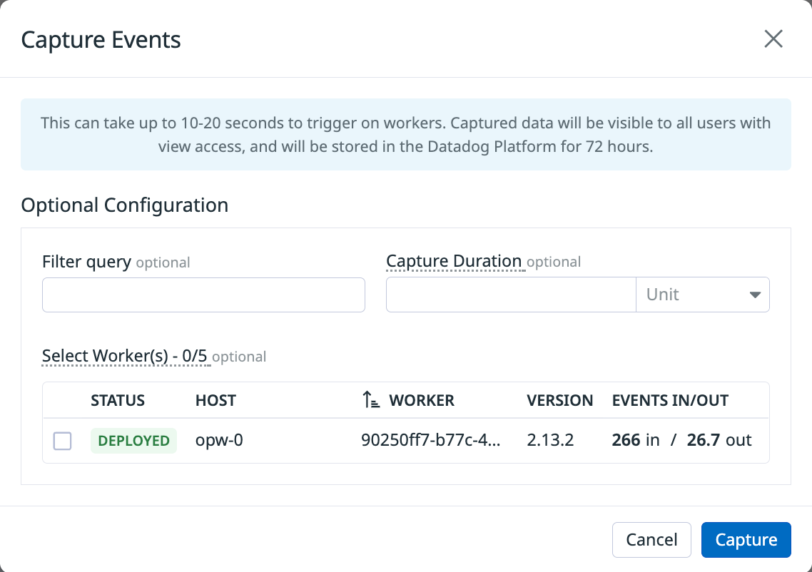 The Live Capture optional configuration modal showing the filter query, capture duration, and Worker selection options