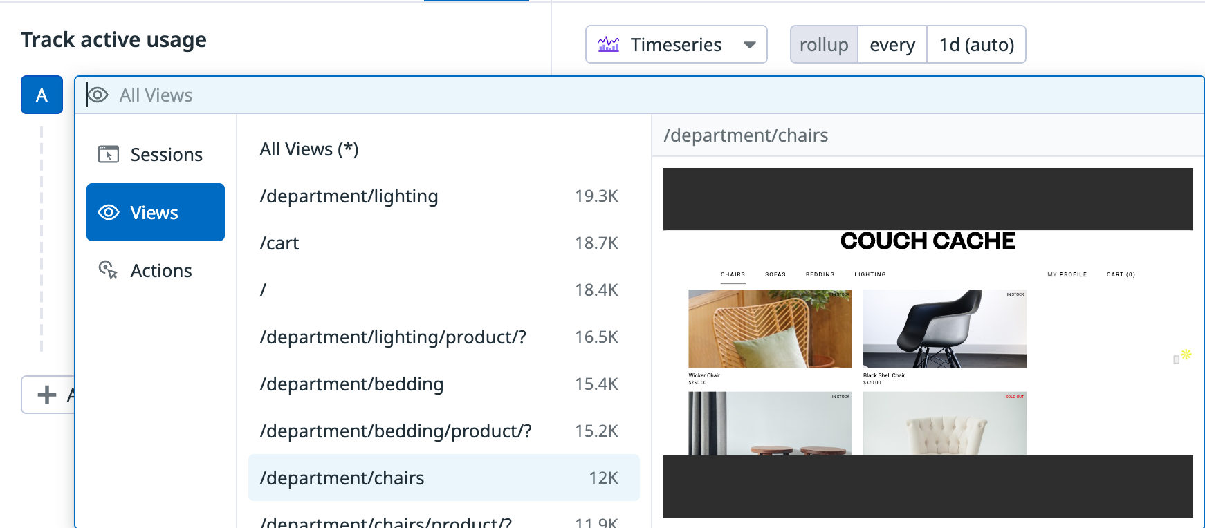 Drop down menu in Product Analytics scoped to the Views type selection.