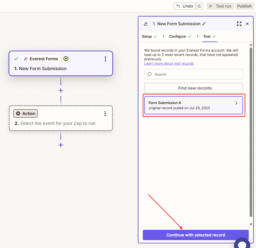 Continue Zapier Setup with Selected Record