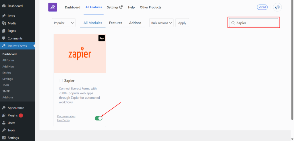 Enable Zapier Addon
