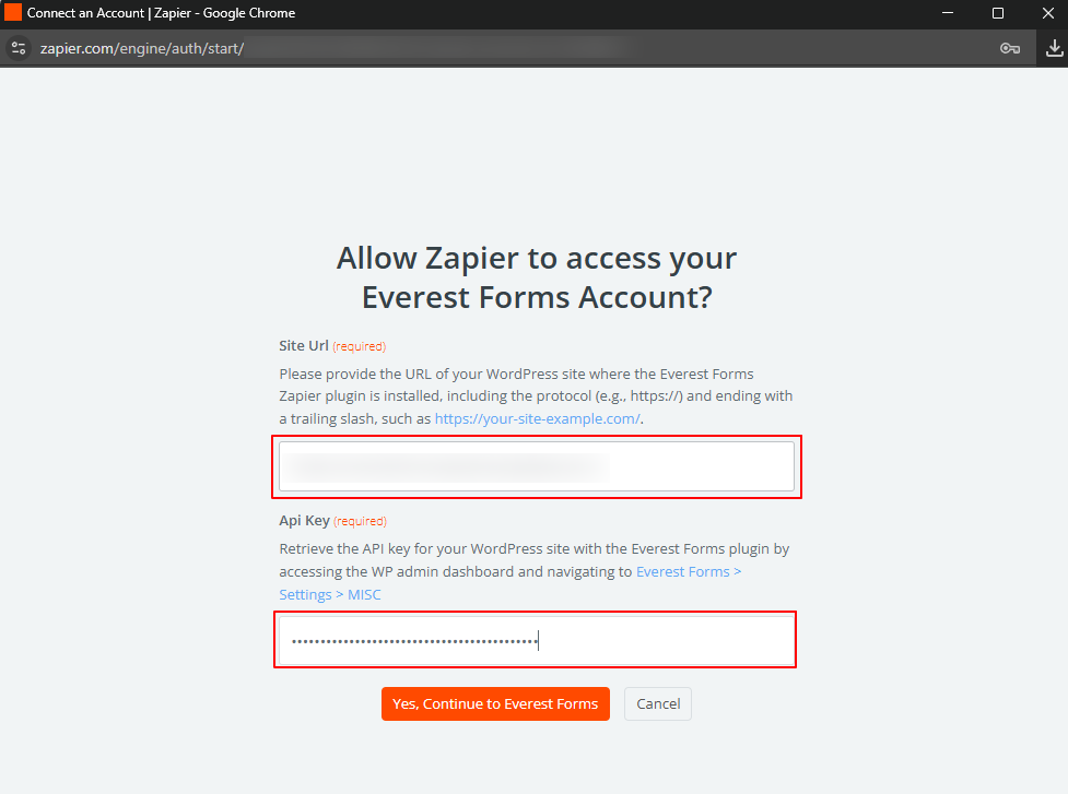Enter Everest Form Rest API Key on Zapier