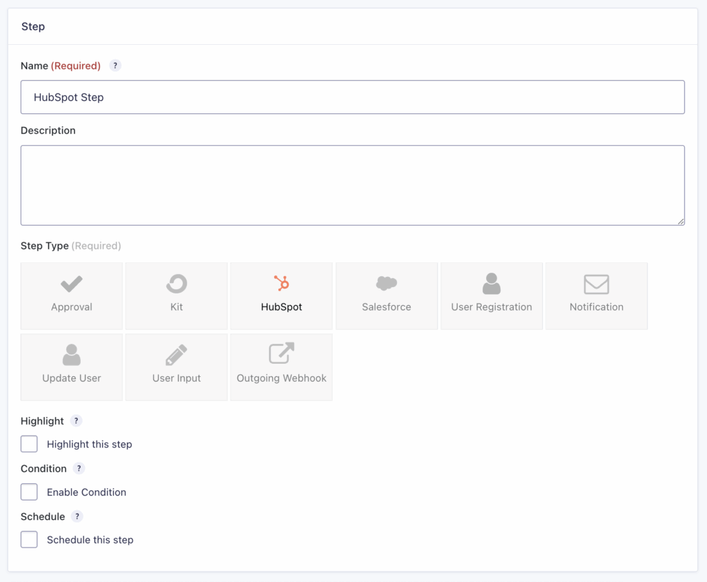 Image showing HubSpot Step settings