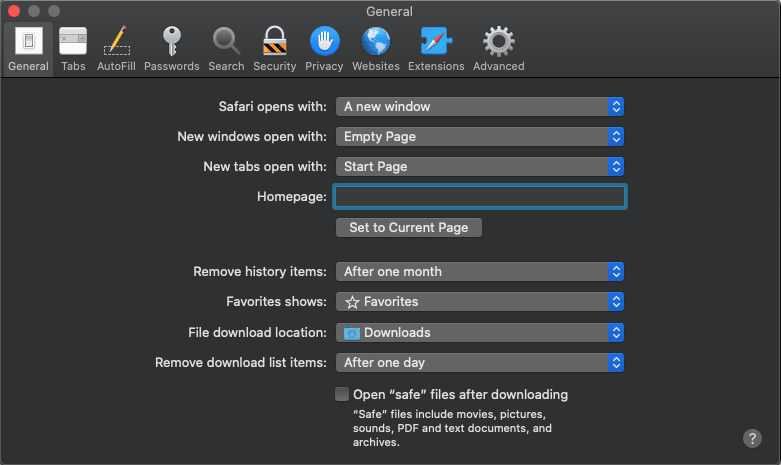 Safari General Preferences Panel