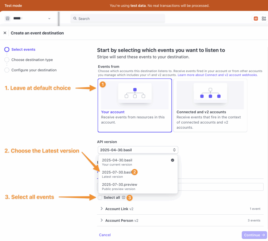 Stripe screen for Creating an event destination in Test Mode.