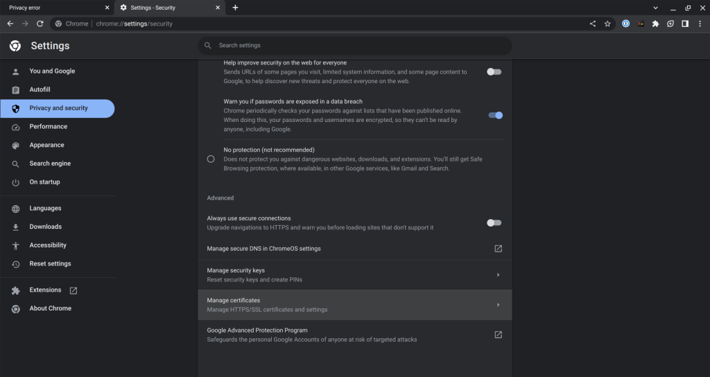 Managing root certificates on browser.