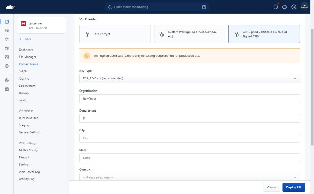 Using Self-signed certificates on RunCloud dashboard