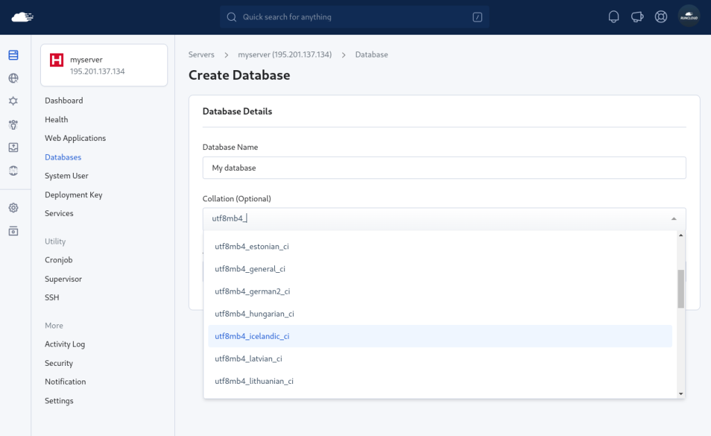 Configure New collation on RunCloud database