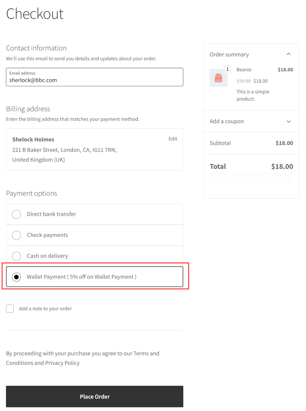 wallet instant discount frontend representation