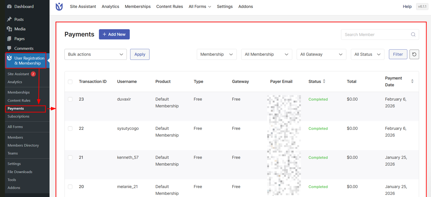 Accessing payments overview in User Registration and Membership plugin