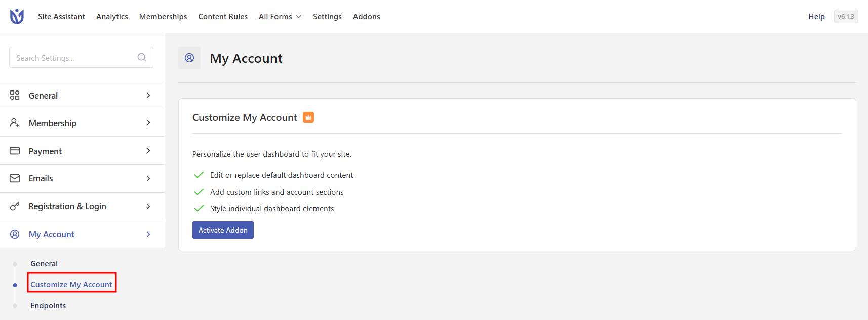 Customize My Account Section - User Registration and Membership