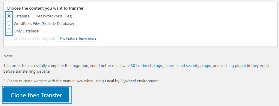 WPvivid Backup Plugin Choose Content to Transfer