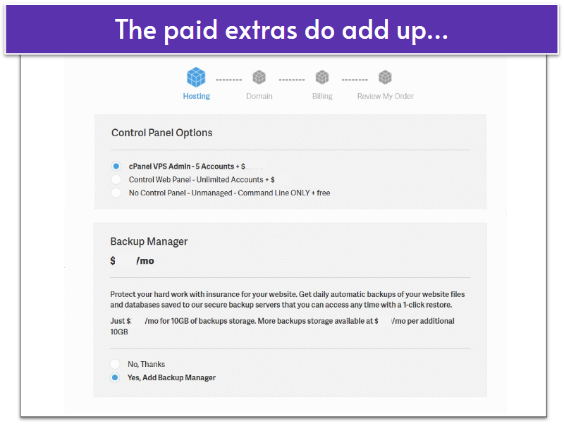 InMotion Hosting paid extras for VPS hosting