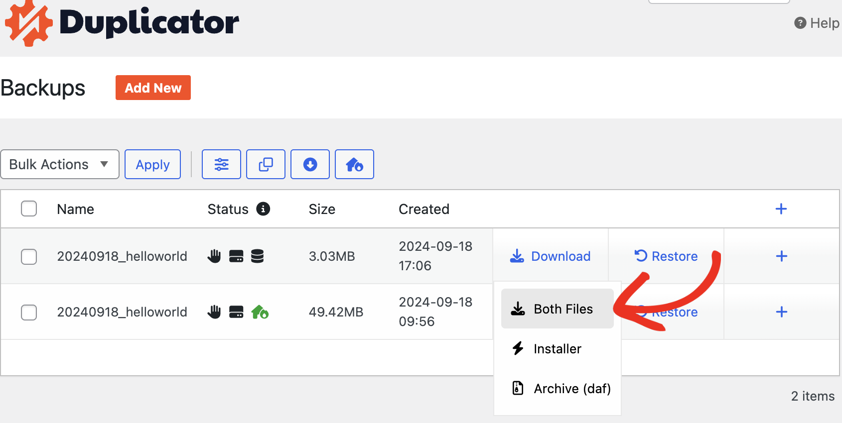 download db only backup - Duplicator