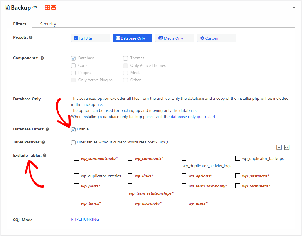 enable database filters_ - Duplicator
