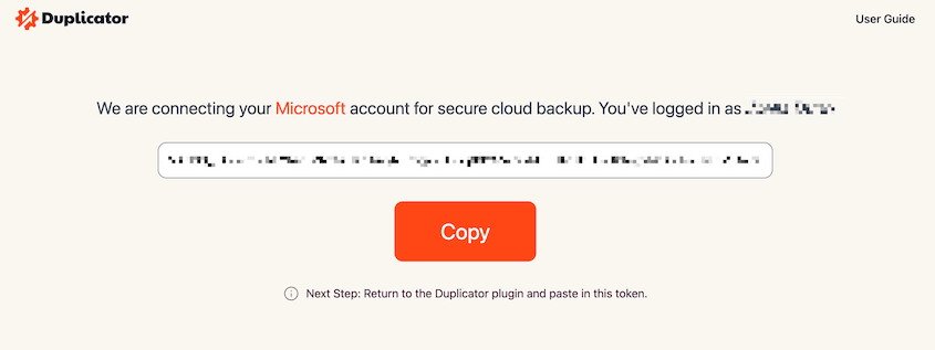 Copy Microsoft authorization code for Duplicator
