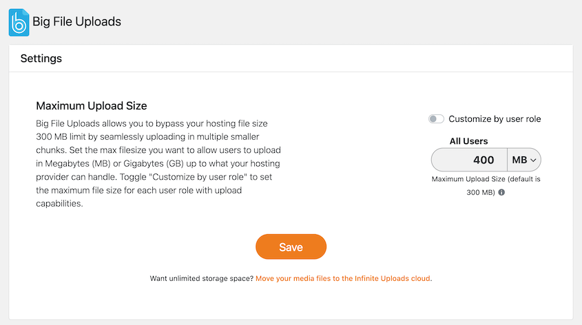 ビッグファイルアップロード カスタムアップロードサイズ