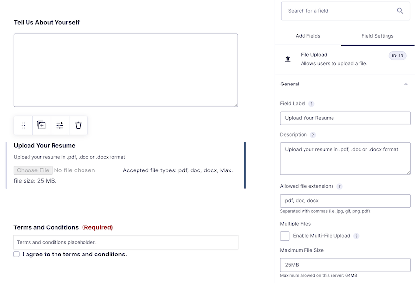 重力フォームのファイルアップロードフィールド