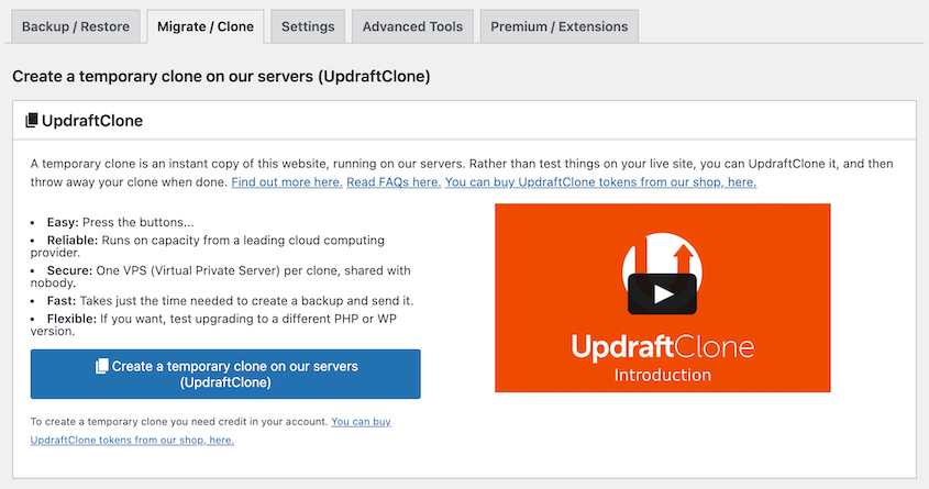 Updraft-Clone - Duplicator UpdraftClone staging feature