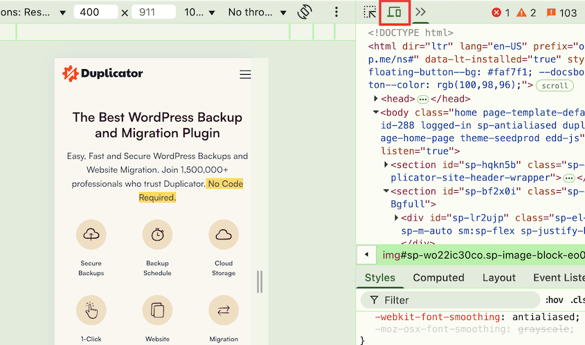 Vue mobile de Chrome DevTools