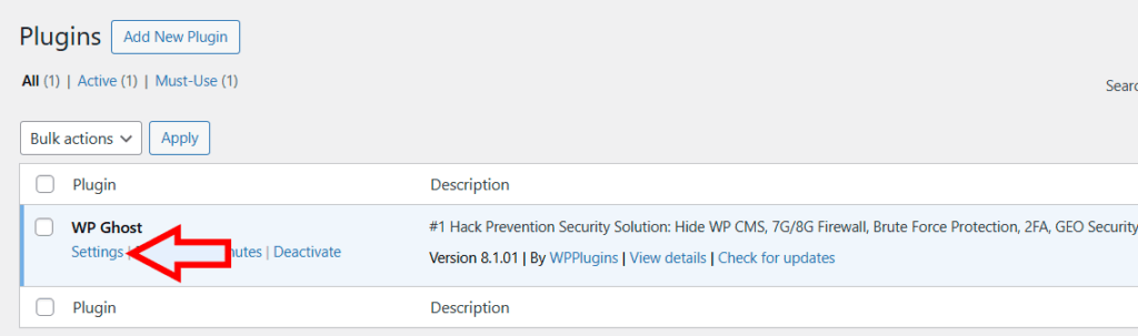 WP Ghost settings link