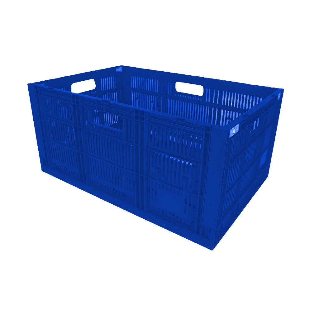 Caja CPR colapsable agrícola 28, 60 x 40 x 28 cm, alta, ventilada, capacidad 25 kg para frutas y verduras, color azul.
